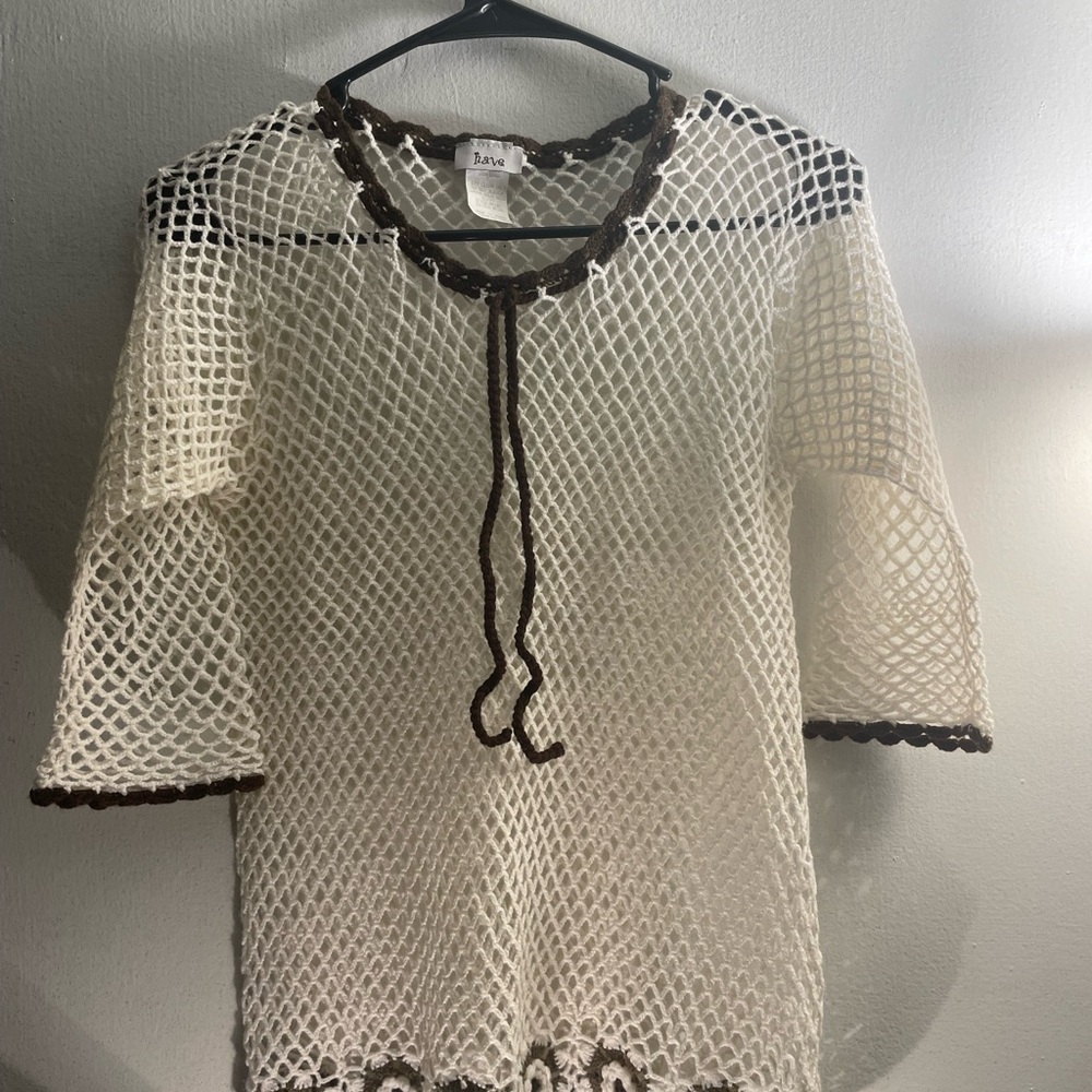 White and Brown Crochet Swim Cover-Up